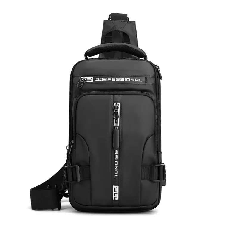 Musta ammattimainen ja kestävä crossbody-reppu tai rintareppu, jossa on säädettävä hihna ja useita vetoketjullisia taskuja matkustamiseen ja työhön.
